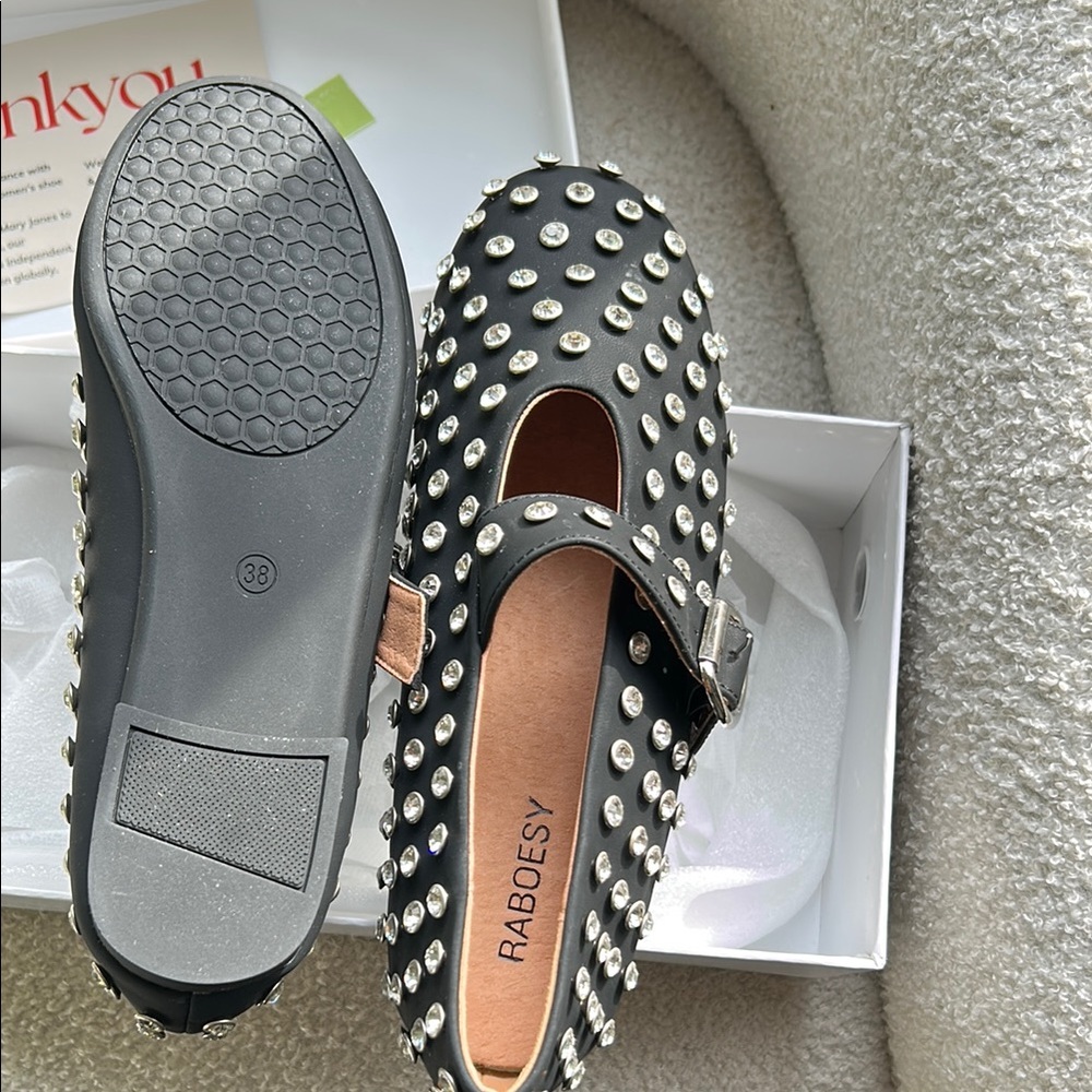 RABOESY Black Studded Mary Jane Shoes